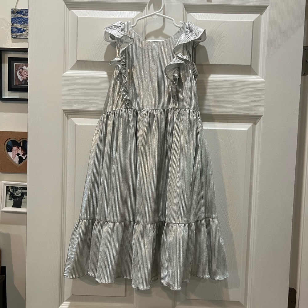 Tahari shimmering Silver Ruffled Smocked Sundress